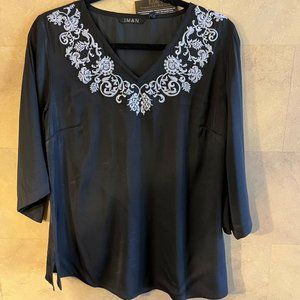 New w/tag Iman XS Blk Silky Blouse w/Wht Embroidery V-neck Boho 3/4 Full Sleeve